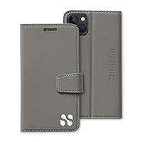 SafeSleeve EMF Protection iPhone 14 Case: RFID Blocking Card Holder Wallet, Adjustable Stand Case, Vegan Leather for Women & Men (Grey)