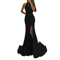 Women's High Split Mermaid Bridesmaid Dress Halter Long Sexy Evening Gowns Black