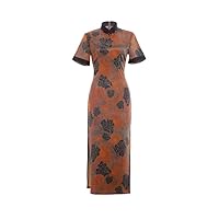 2022 Mandarin Faux Silk Long Cheongam Keyhole Qipao Dress with Split for Ladies