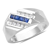 The Diamond Deal 10k SOLID White Gold Mens 3 Row Slant Round Shaped Diamond Accent And Sapphire Gemstone Wedding Band Ring