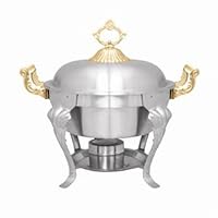 Thunder Group SLRCF8633 Deluxe Chafer, 5 Quart, Half-Size Round, Lift-Off Dome Cover, Brass Plated Handles, Stainless Steel, Mirror-Finish
