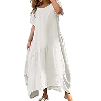 Womens Oversized Baggy Flowy Cotton Linen Maxi Dresses Summer Beach V Neck Casual Loose Floor Length Long Dress White 4XL