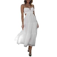 Sexy Boho Spaghetti Strap Backless Long Dress Sleeveless Cut Out High Split Maxi Dress Flowy Tiered A Line Sundress