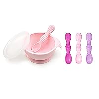 Bumkins Baby Bowl, Silicone Feeding Set with Suction for Baby and Toddler, Includes 4 Spoons and Lid, First Feeding Set, Training Essentials for Baby Led Weaning for Babies 4 Months Up, Pink