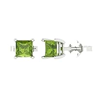 1.1 ct Princess Cut Solitaire VVS1 Natural Green Peridot Pair of Stud Earrings Solid 18K White Gold Butterfly Push Back