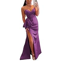 V-Neck Satin Prom Dresses Long Mermaid with Slit Bow Tie Sleeveless Fitted Pleated Party Gowns for Women Sexy