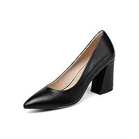 Women Summer Square High Heel Pumps PU Leather Pointed Toe Shoes - Black, 6