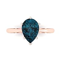 Clara Pucci 2.45ct Pear Cut Solitaire Natural London Blue 6-Prong Classic Designer Statement Ring Solid Real 14k Rose Gold for Women