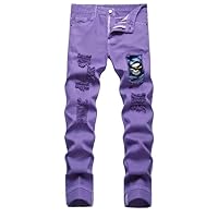 Men's Ripped Purple Jeans,Slim Fit Straight Fashion Denim Pants Size 28-42