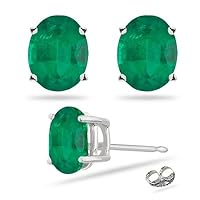 1.20-1.60 Cts of 7x5 mm AA Oval Natural Emerald Stud Earrings in 18K White Gold