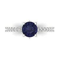 Clara Pucci 1.51ct Round Cut cathedral Solitaire Simulated Blue Sapphire designer Modern Statement with accent Ring Solid 14k White Gold