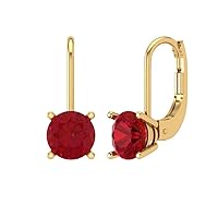 0.9ct Round Cut Solitaire Simulated Ruby Unisex Pair of Lever back Drop Dangle Earrings 14k Yellow Back conflict free Jewelry