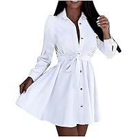 Women's Long Sleeve Dress Button Down Shirts Casual V-Neck Mini with Belt Satin Silky Wrap Short Party Belted