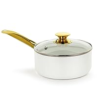 Holstein Housewares 3.5QT White Ceramic Nonstick Saucepan with Lid, Gold Color and Stainless Steel Handle, Golden Elegance