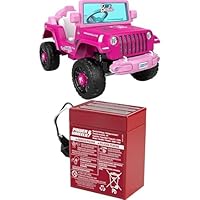 Bundle of Power Wheels Barbie Jeep Wrangler Toddler Ride-On Toy with Driving Sounds + 6-Volt Red Rechargeable Replacement Battery for Fisher-Price Ride-On Preschool & Toddler Toy