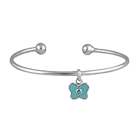 Sterling Silver Simulated Birthstone Enamel Butterfly Charm Torque Bangle For Girls
