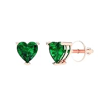 1.4ct Heart Cut Solitaire Simulated Green Emerald Unisex Pair of Stud Earrings 14k Rose Gold Screw Back conflict free Jewelry