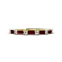 Baguette Red Garnet and Round Lab Grown Diamond 1 1/6 ctw 4x2 mm Womens Wedding Band Stackable in 14K Gold