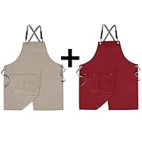 Mignongirl 2 Pieces Pottery Apron,Split Apron with Adjustable Straps M-XXL,Beige and Red