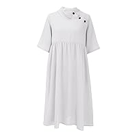 Women's Summer Dress Ladies Linen Loose Casual Solid Color Collar Pocket Womens Sleeve Dress(White,Small)
