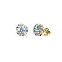 Round Aquamarine Natural Diamond 5/8 ctw Women Halo Stud Earrings 14K Gold