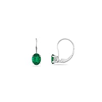 May Birthstone - Lab Created Oval Cut Emerald Scroll Lever Backs Stud Earrings in 14K White Gold Available in 6x4mm - 8x6mm