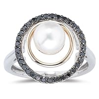 0.33 Ct Black Diamond & Pearl Two Tone Ring in 14K Yellow & White Gold