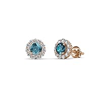 Round Natural Diamond London Blue Topaz 3/4 ctw Women Halo Stud Earrings 14K Gold