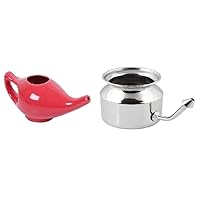 Leak Proof Durable Porcelain Ceramic Red Neti Pot Hold 300 Ml Water Comfortable Grip and Stainless Steel Neti Pot for Sinus Congestion
