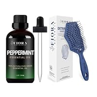 Peppermint Essential Oil by Fiora Naturals - 100% Pure Peppermint Oil for Hair Growth, Skin, Diffuser, Hair Detangling Brush -100% Bio-Friendly Detangler Hair Brush w/Ultra-Soft Bristles