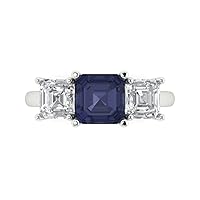 3.35 Square Emerald cut 3 stone Solitaire W/Accent Simulated Blue Sapphire Anniversary Promise Wedding ring 18K White Gold