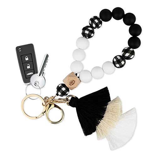 Bisanzoya Beaded Keychain with Tassel, Silicone Key Ring Bracelet, Cute  Boho Car Key Chain Wristlet for Women