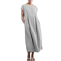 2024 Women Summer Cotton Linen Dress Cap Sleeve Crewneck Long Dresses Flowy Boho Loose Baggy Dress with Pockets