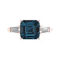 Clara Pucci 3.47ct Asscher Baguette cut 3 stone Solitaire accent Natural London Blue Topaz gemstone designer Modern Ring 14k Rose Gold