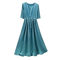 Women's Silk Satin Solid Silk Dress Medium Length A-Line Drawstring Dress