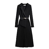 Women's Suit Dress Notched Long Sleeve Waist Fake Two Pcs Spliced Pleated Mid-Calf Dresses Summer