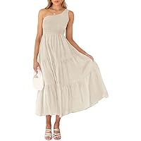 Women's Summer Boho One Shoulder Sleeveless Solid Color Ruffle Beach Party Tiered Midi Dress