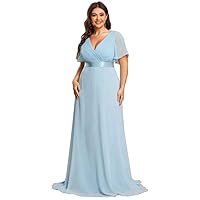Blue Prom Dresses Plus Size Flutter Sleeves Chiffon Empire Waist Bridesmaid Dress