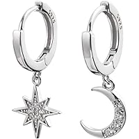 CZ Moon Star Dangle Small Hoop Earrings for Women Girls Sterling Silver Charms Crystal Asymmetrical Snowflake 14k White Gold Over