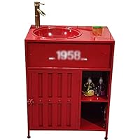 Modern Bathroom Single Vanity Unit, Free Standing Industrial Style Vanity Unit with Basin Storage Furniture with Faucet and Drain 25.5 x 18.11 x 33.4in,Red,Without Mirror