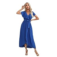 Fashion Ruffled V-Neck Slim Long Dress Summer Beach Casual Streetwear Style (as1, Alpha, s, Regular, Regular, Blue)