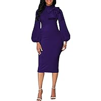 Sexy Long Sleeve Dress for Women Solid Color Bow Knot Turtleneck Formal Gown Midi Casual Church Dresses