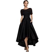 Women's Short Sleeves Evening Dresses Lace Embroidery with Pockets Prom Dresses Black