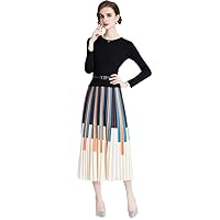 Vintage Knit Striped Printed Pleated Dress Fall Winter Office Lady Long Sleeve Fake Two Long Party Dress+Belt