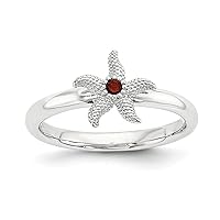Round Red Garnet Natural Gemstone 925 Sterling Silver Starfish Stackable Women Wedding Ring