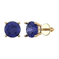 3.0 ct Round Cut Solitaire Genuine Simulated Blue Tanzanite Pair of Designer Stud Earrings Solid 14k Yellow Gold Screw Back