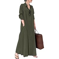 Womens Linen Button Down Elegant Maxi Dress Cotton Loose Floral Print Plaid Long Lapel Shirtdress(with Pockets)