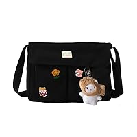 DKIIL NOIYB Kawaii Canvas Crossbody Bag With Kawaii Pins and Bear Pendent for Girls Casual Shoulder Messenger Bag For School Multi Pocket Kawaii Handbag