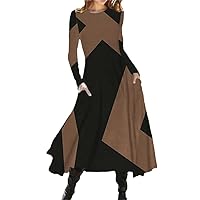 Retro Contrast Color Elegant Party Ladies Dresses Spring Autumn Street Long Loose Pockets Midi Dress Women