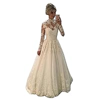 Women's Illusion Long Sleeves Lace Bridal Ball Gowns Wedding Dresses for Bride 2022 Plus Size